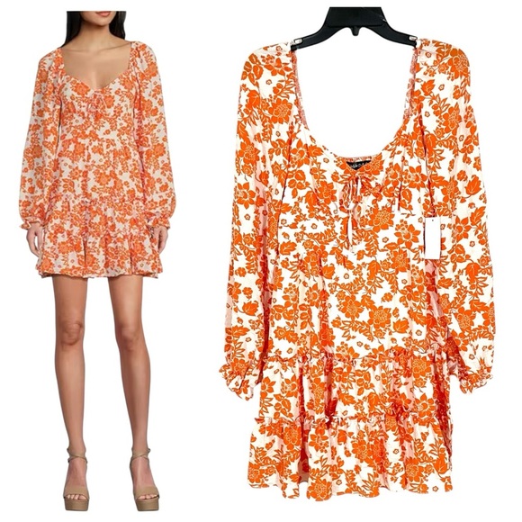 NEW Midnight Doll M Floral Print Tie Front Tiered Dress Sweetheart Neck Long Slv - Picture 1 of 8